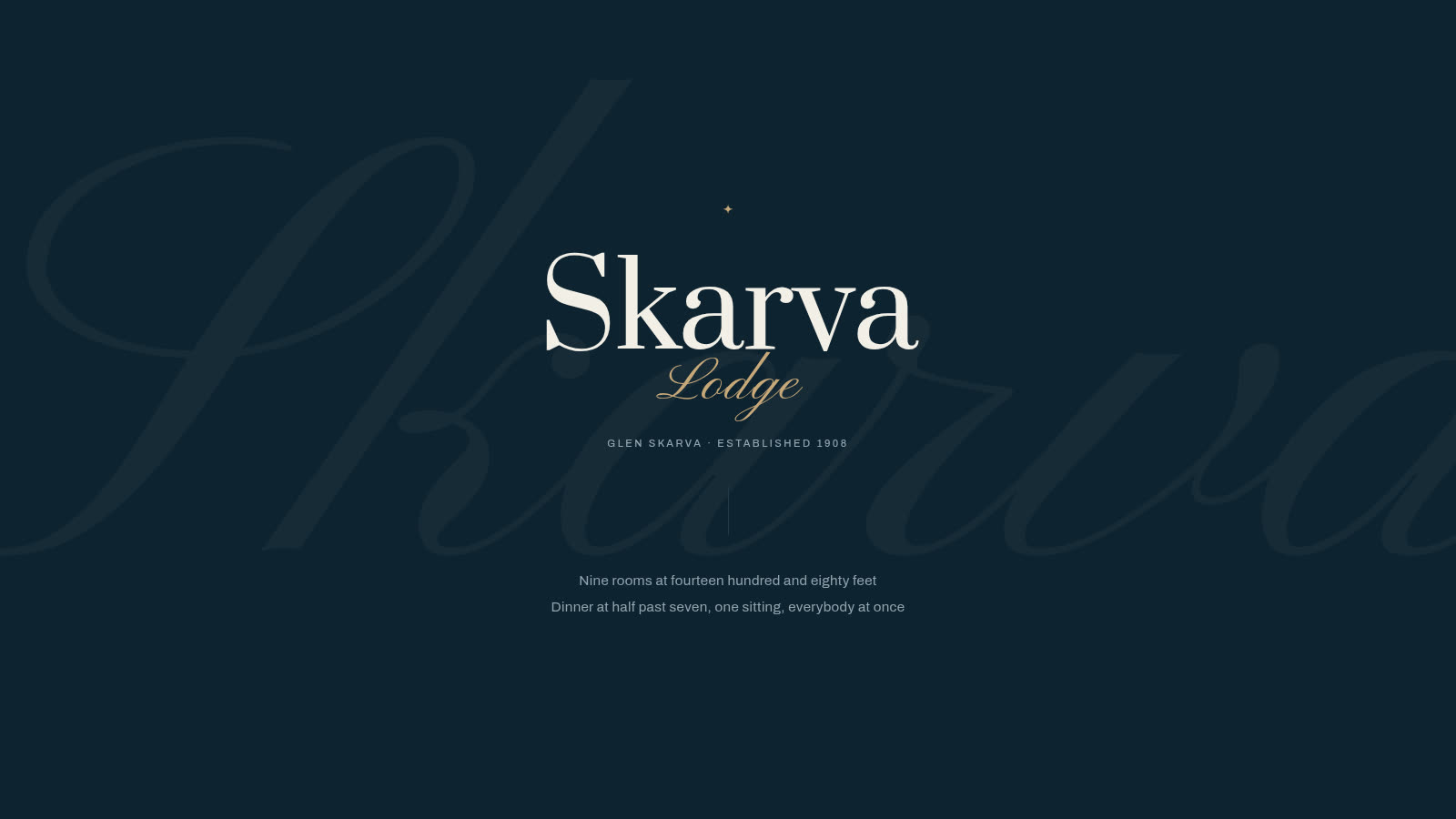 Skarva Lodge website concept, a mountain lodge whose opening screen carries no photograph at all